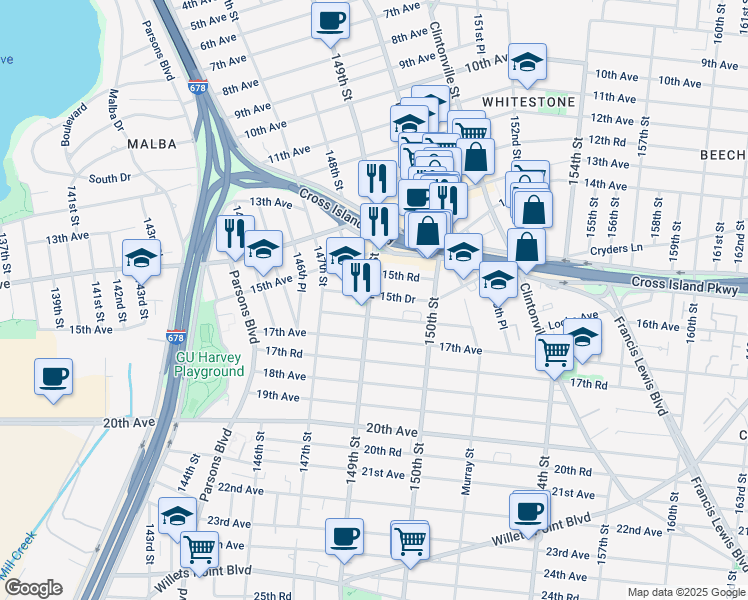 map of restaurants, bars, coffee shops, grocery stores, and more near in Queens