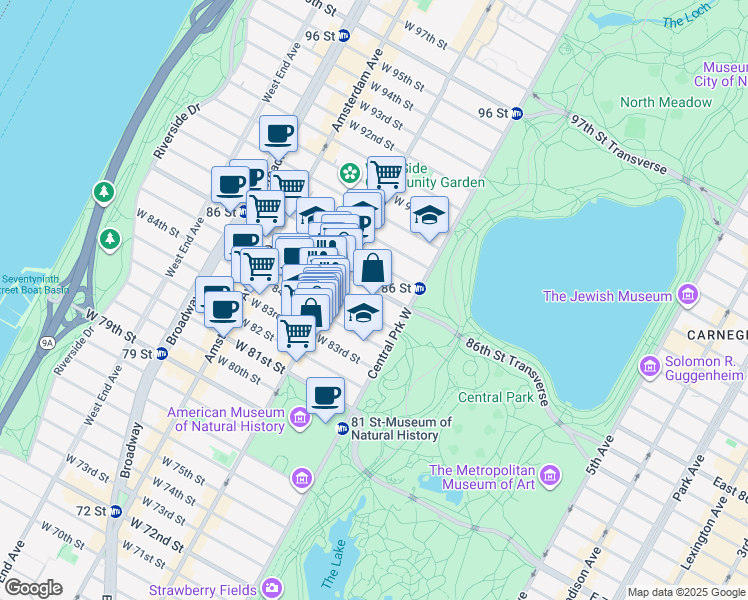 map of restaurants, bars, coffee shops, grocery stores, and more near 32 West 85th Street in New York