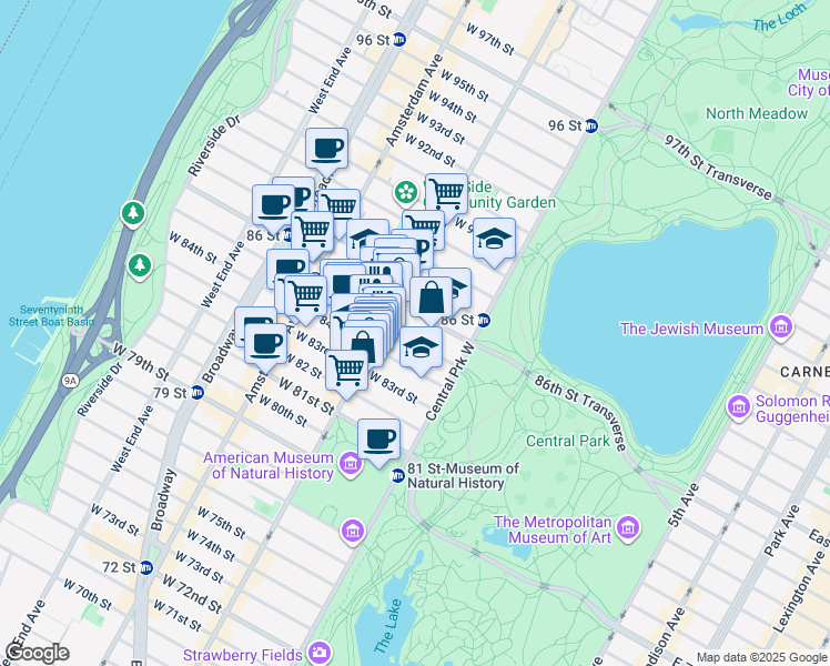 map of restaurants, bars, coffee shops, grocery stores, and more near 32 West 85th Street in New York
