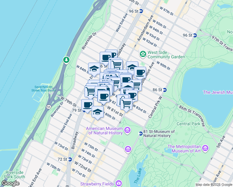 map of restaurants, bars, coffee shops, grocery stores, and more near 146 West 83rd Street in New York