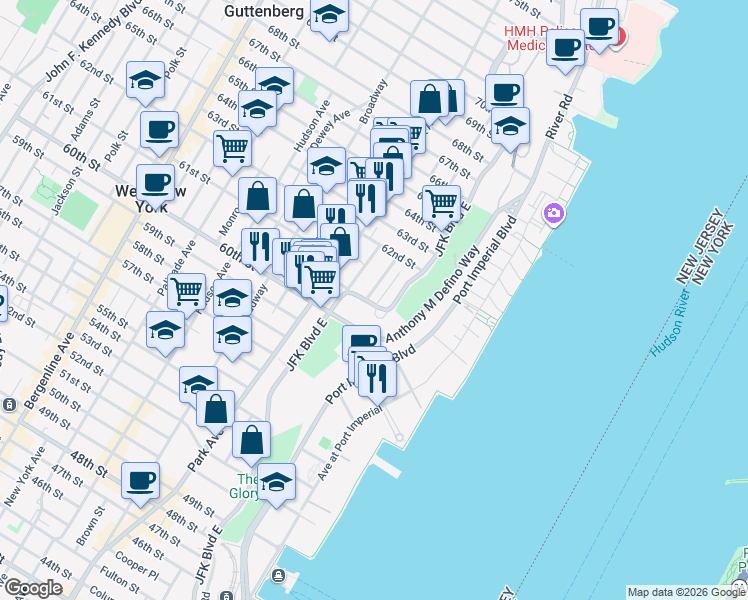 map of restaurants, bars, coffee shops, grocery stores, and more near 6040 Be Aka Ken Boulevard East in West New York