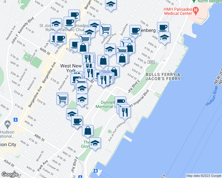 map of restaurants, bars, coffee shops, grocery stores, and more near 6050 Boulevard East in West New York