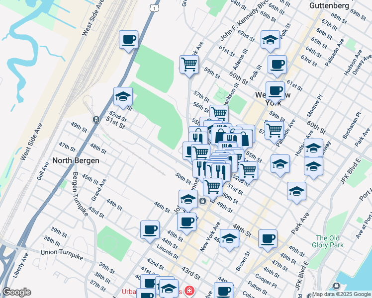 map of restaurants, bars, coffee shops, grocery stores, and more near 5201 John F. Kennedy Boulevard in North Bergen