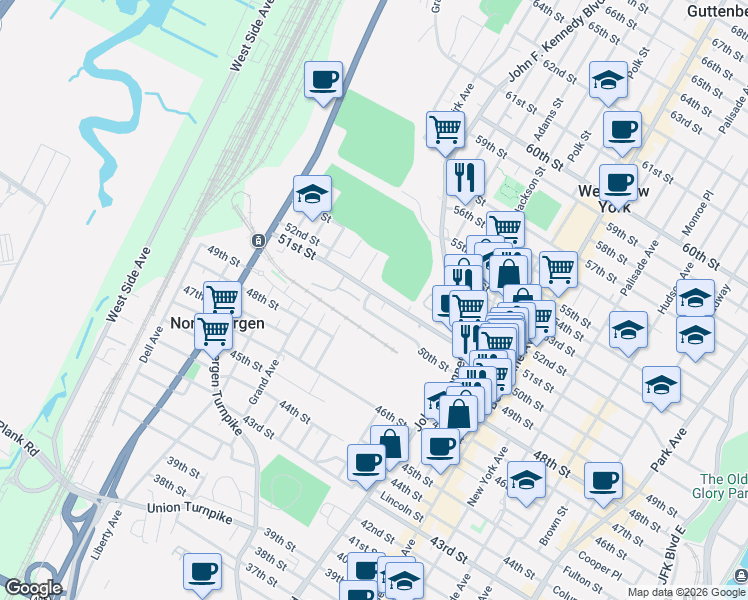 map of restaurants, bars, coffee shops, grocery stores, and more near 1207 50th Street in North Bergen