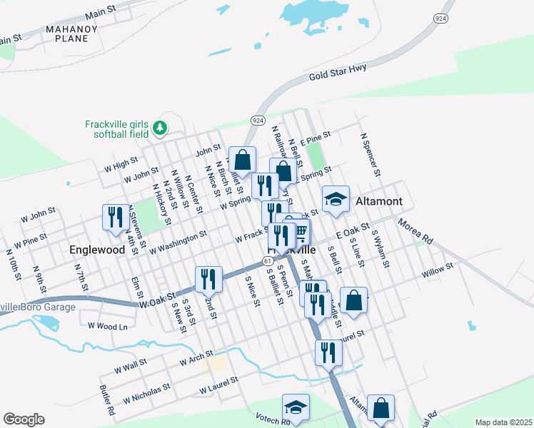 map of restaurants, bars, coffee shops, grocery stores, and more near 16 West Frack Street in Frackville