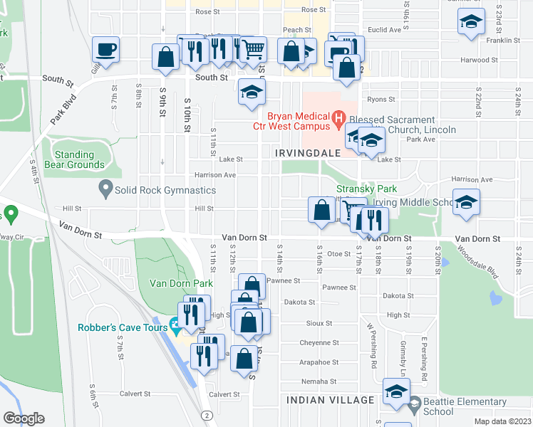 map of restaurants, bars, coffee shops, grocery stores, and more near 2731 South 14th Street in Lincoln