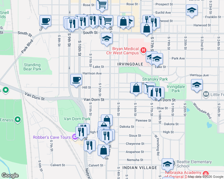 map of restaurants, bars, coffee shops, grocery stores, and more near 2731 South 14th Street in Lincoln