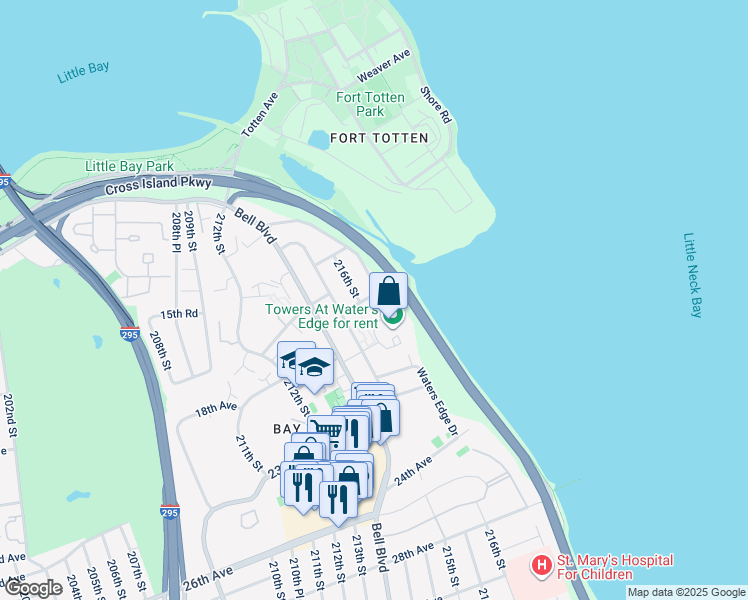 map of restaurants, bars, coffee shops, grocery stores, and more near 85 215th Street in Queens