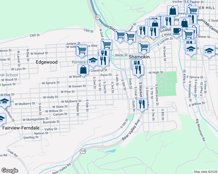 map of restaurants, bars, coffee shops, grocery stores, and more near 214 South 3rd Street in Shamokin