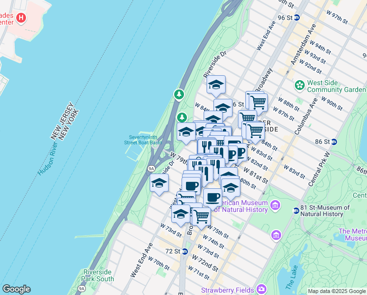 map of restaurants, bars, coffee shops, grocery stores, and more near Riverside Dr & W 80th St in New York