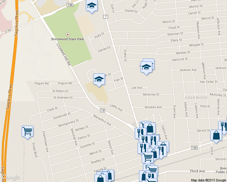map of restaurants, bars, coffee shops, grocery stores, and more near 52 William Street in Brentwood