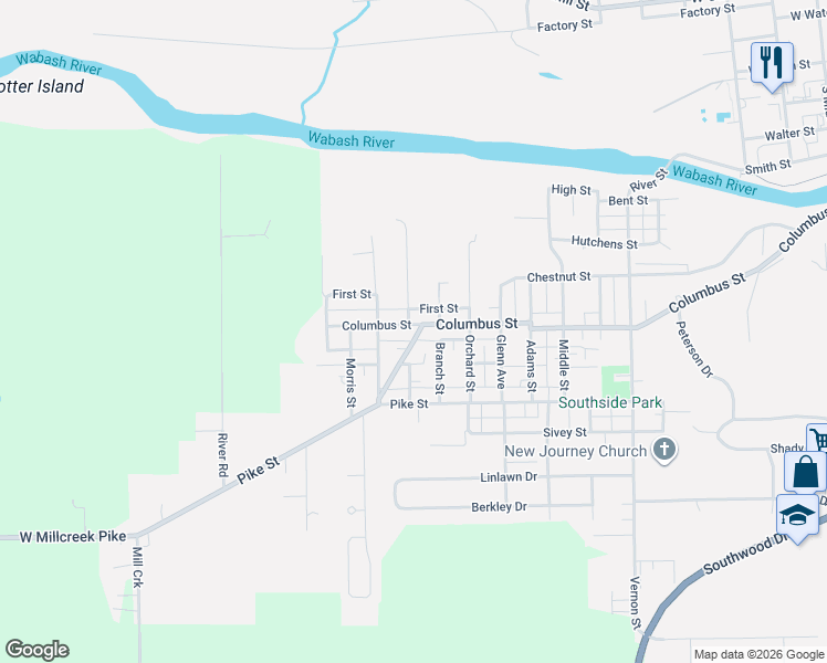 map of restaurants, bars, coffee shops, grocery stores, and more near 1425 Quaker Avenue in Wabash