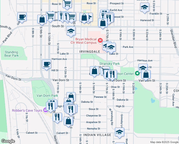 map of restaurants, bars, coffee shops, grocery stores, and more near 1445 Burr Street in Lincoln