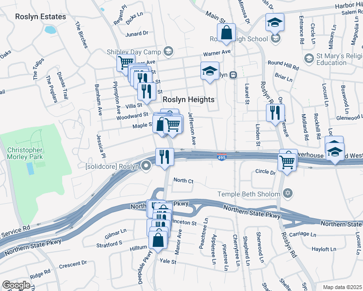 map of restaurants, bars, coffee shops, grocery stores, and more near 109 Powerhouse Road in Roslyn Heights