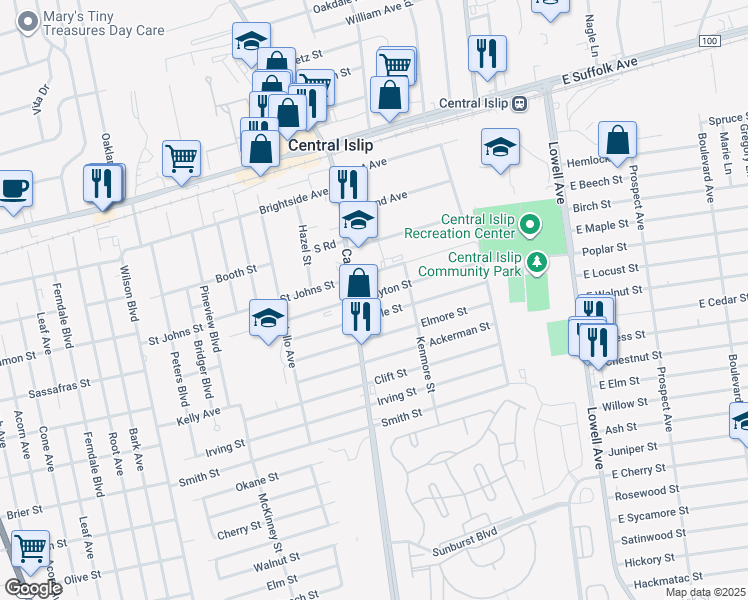 map of restaurants, bars, coffee shops, grocery stores, and more near 320 Earle Street in Central Islip
