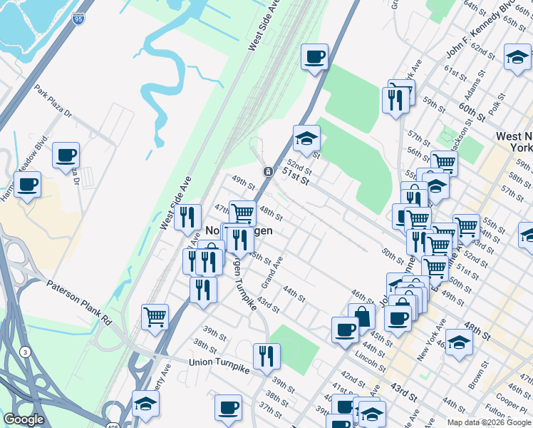 map of restaurants, bars, coffee shops, grocery stores, and more near 1520 47th Street in North Bergen
