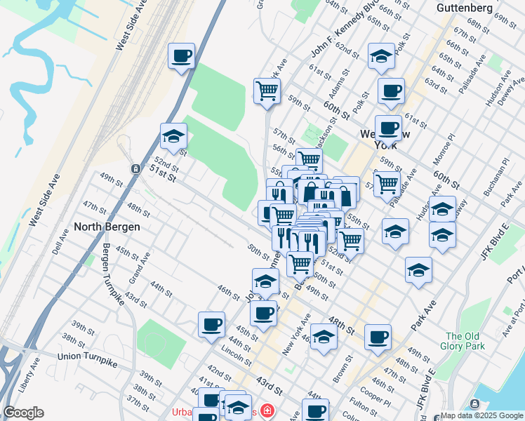 map of restaurants, bars, coffee shops, grocery stores, and more near 5201 John F. Kennedy Boulevard in North Bergen