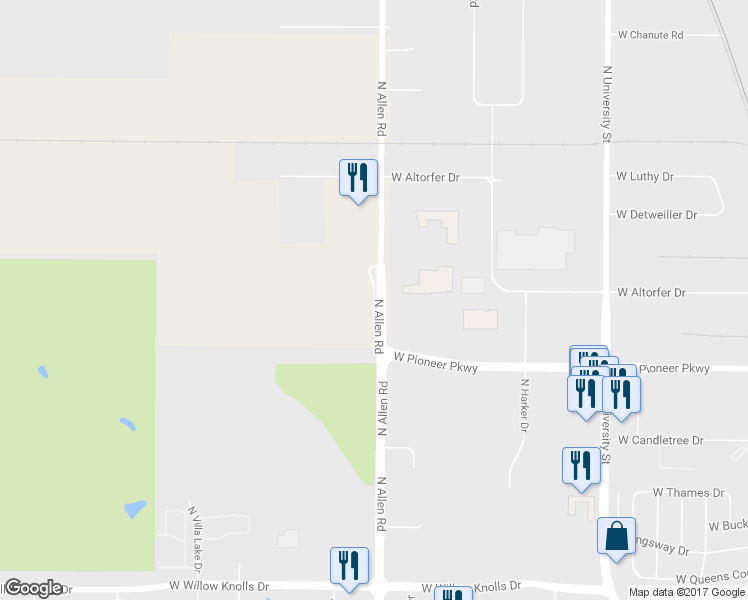 map of restaurants, bars, coffee shops, grocery stores, and more near Spaniel Court in Peoria