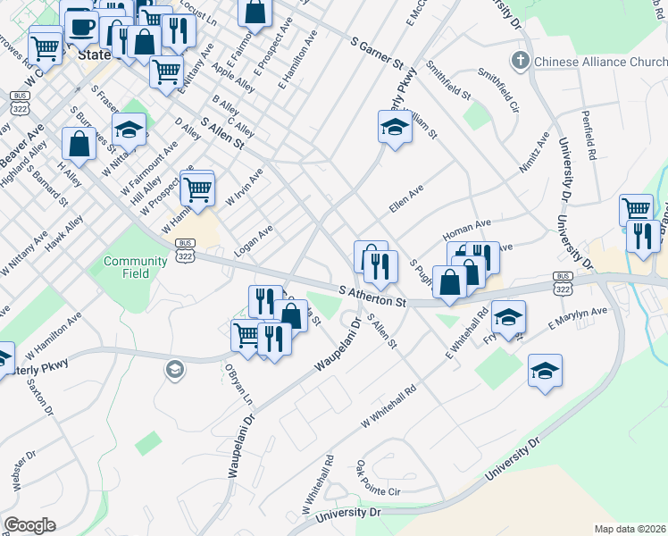map of restaurants, bars, coffee shops, grocery stores, and more near 1125-1139 South Atherton Street in State College