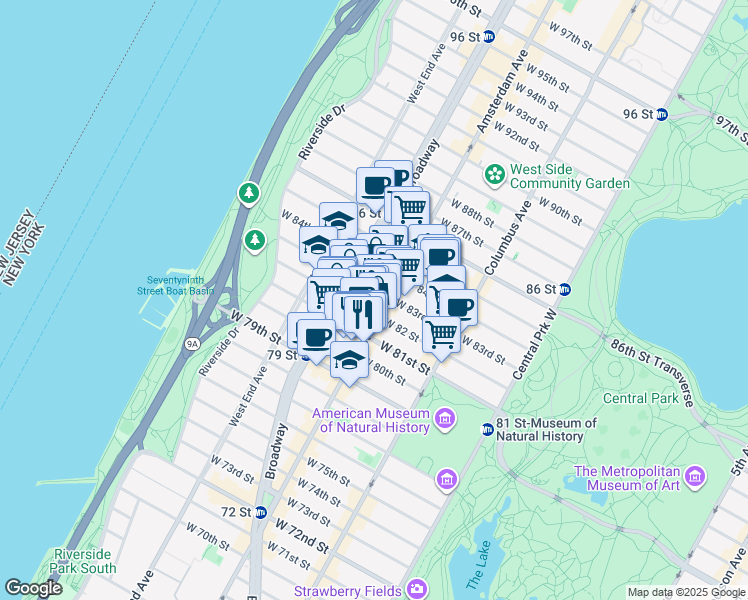 map of restaurants, bars, coffee shops, grocery stores, and more near 464 Amsterdam Avenue in New York