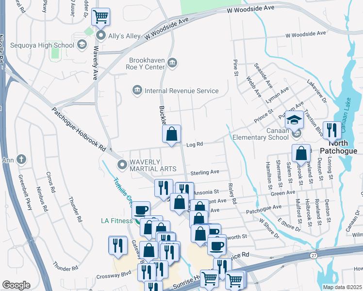 map of restaurants, bars, coffee shops, grocery stores, and more near Buckley Road & Log Road in Patchogue