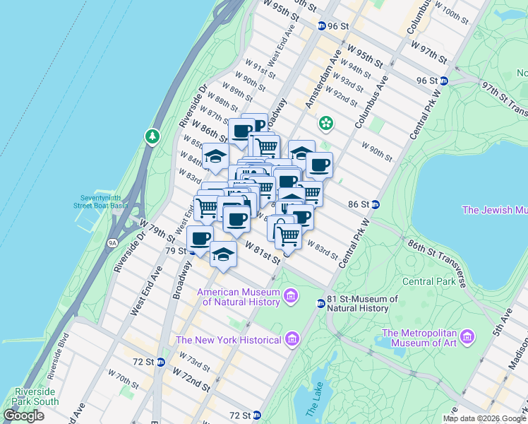 map of restaurants, bars, coffee shops, grocery stores, and more near 146 West 83rd Street in New York