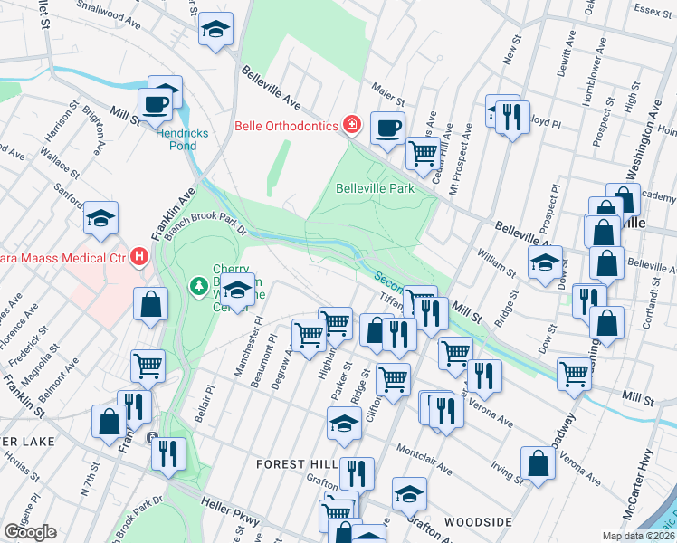 map of restaurants, bars, coffee shops, grocery stores, and more near 90 Tiffany Boulevard in Newark