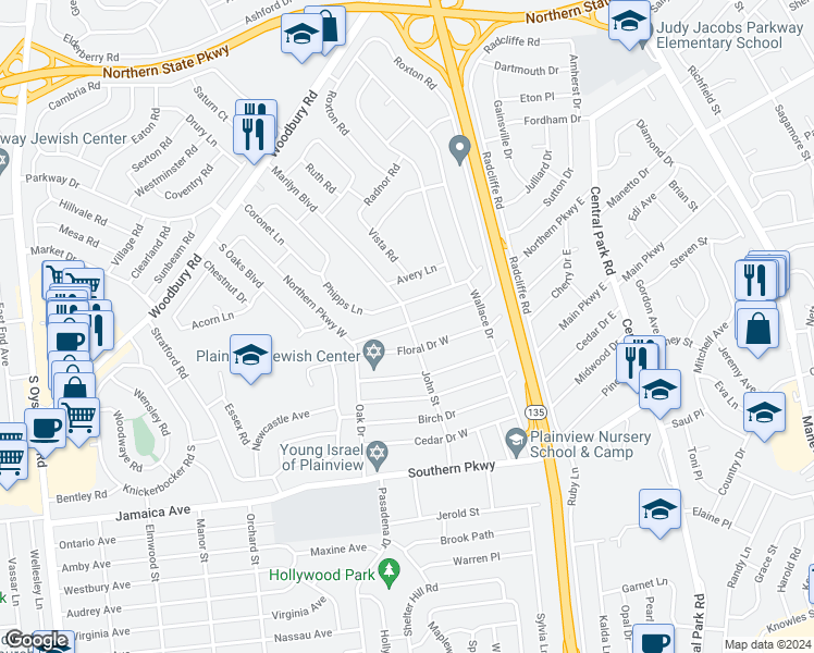 map of restaurants, bars, coffee shops, grocery stores, and more near 63 John Street in Plainview