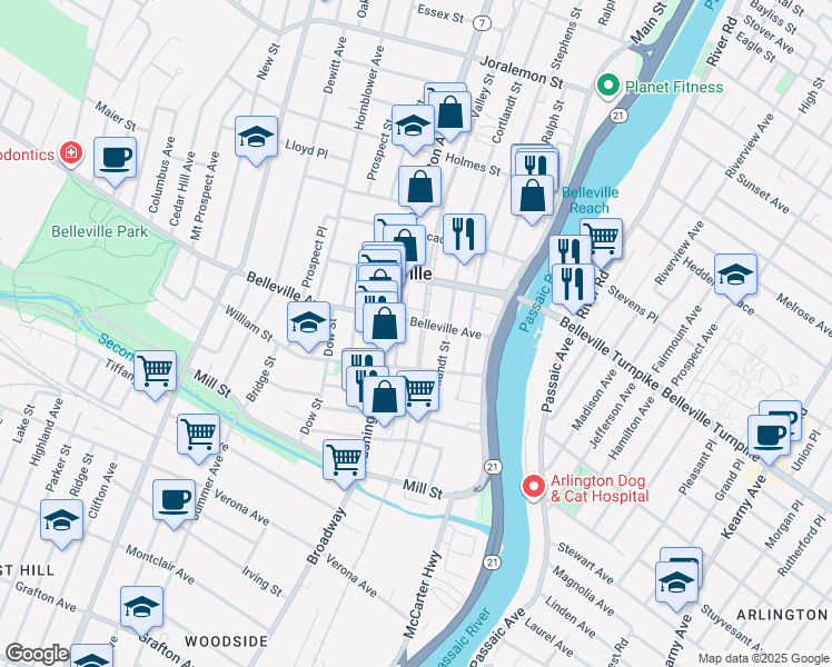 map of restaurants, bars, coffee shops, grocery stores, and more near 27 Valley Street in Belleville