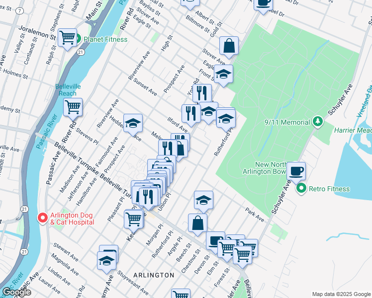 map of restaurants, bars, coffee shops, grocery stores, and more near 24 Inman Place in North Arlington