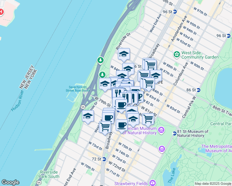 map of restaurants, bars, coffee shops, grocery stores, and more near 300 West 81st Street in New York