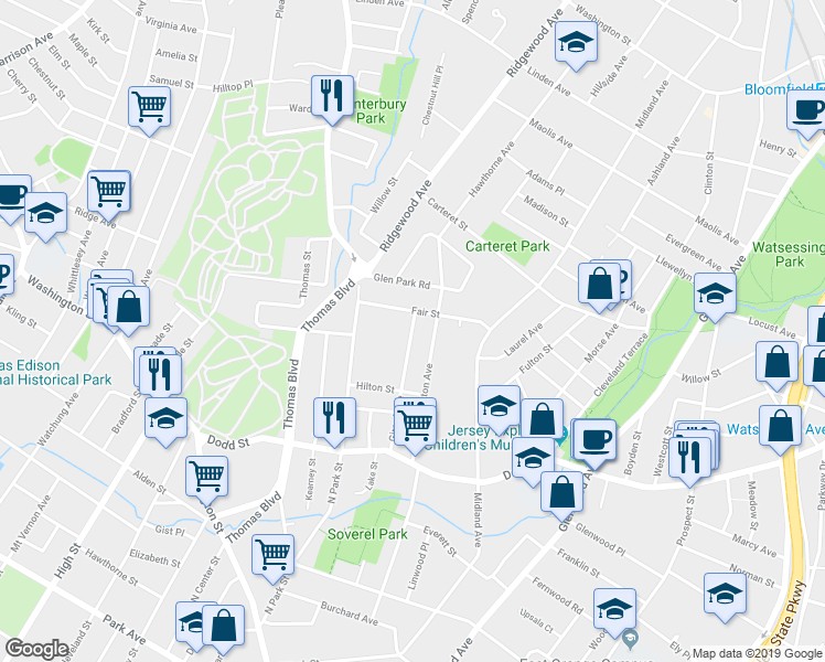 map of restaurants, bars, coffee shops, grocery stores, and more near 104 Girard Avenue in East Orange