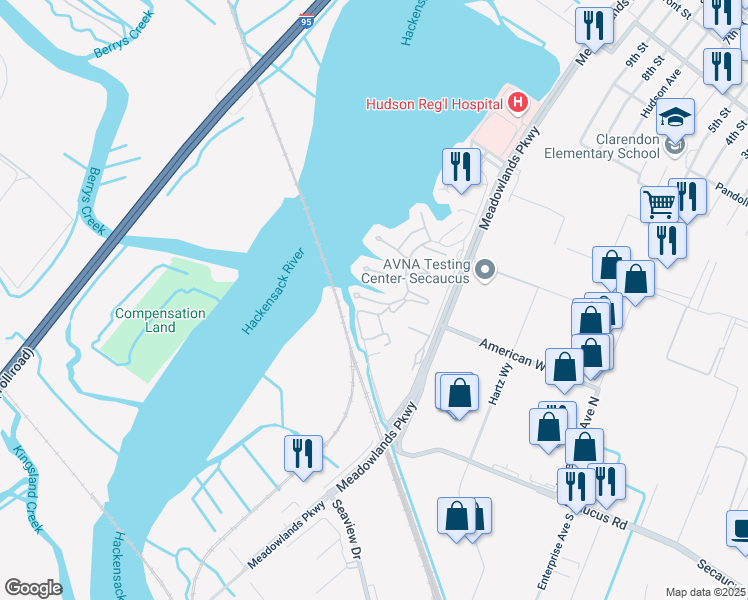 map of restaurants, bars, coffee shops, grocery stores, and more near 761 Spinnaker Court in Secaucus