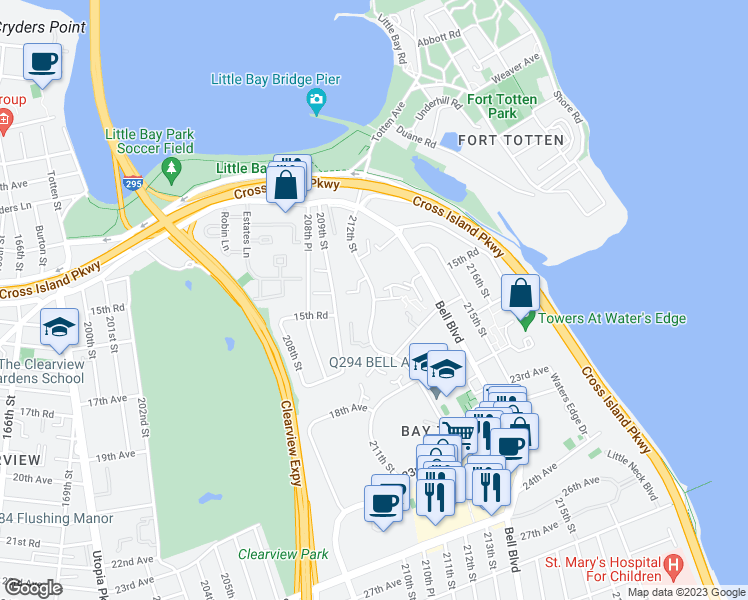 map of restaurants, bars, coffee shops, grocery stores, and more near 15-27 212th Street in Queens