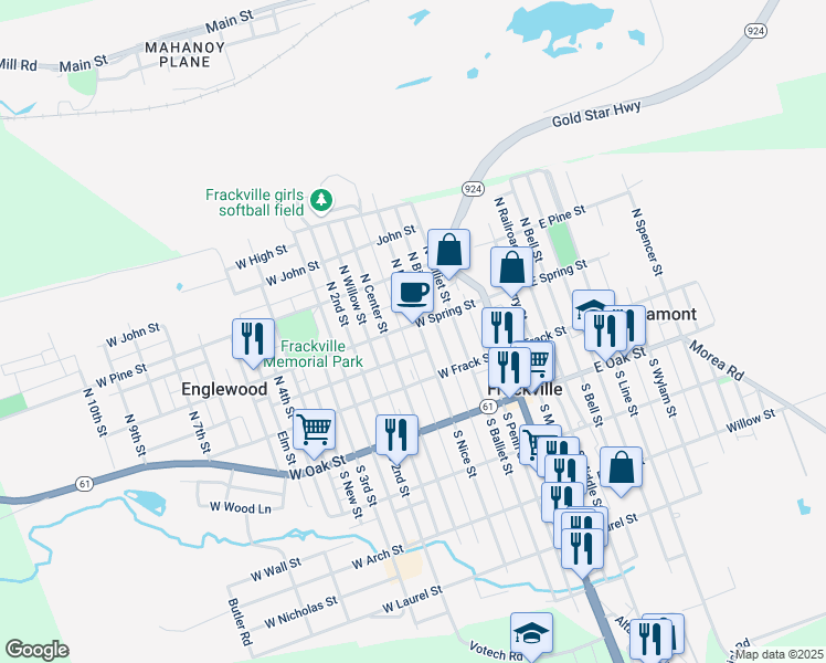 map of restaurants, bars, coffee shops, grocery stores, and more near 118 West Washington Street in Frackville