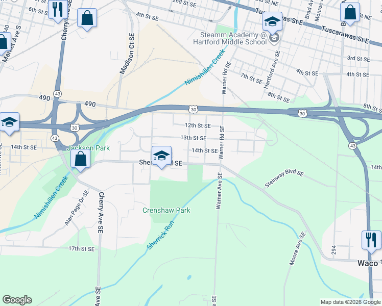 map of restaurants, bars, coffee shops, grocery stores, and more near 1517 Sherrick Road Southeast in Canton