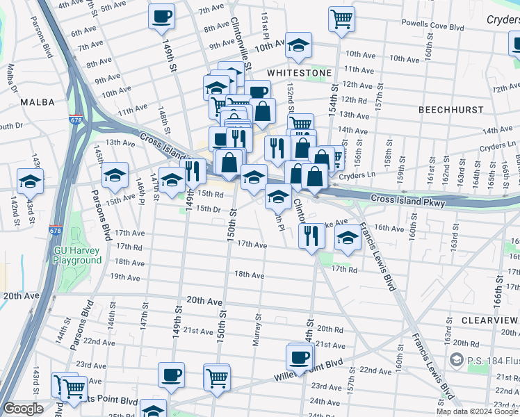 map of restaurants, bars, coffee shops, grocery stores, and more near 15-57 Murray Street in Queens