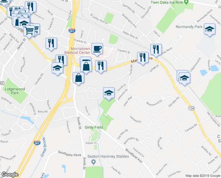 map of restaurants, bars, coffee shops, grocery stores, and more near 6 F Dorado Drive in Morristown