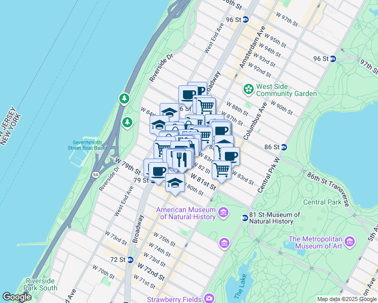 map of restaurants, bars, coffee shops, grocery stores, and more near 454 Amsterdam Avenue in New York
