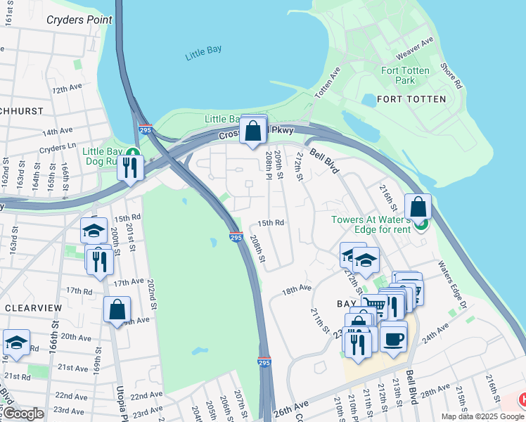 map of restaurants, bars, coffee shops, grocery stores, and more near 208-14 15th Road in Queens