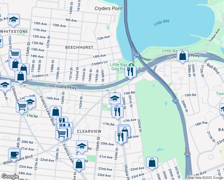 map of restaurants, bars, coffee shops, grocery stores, and more near 166-27 15th Drive in Queens