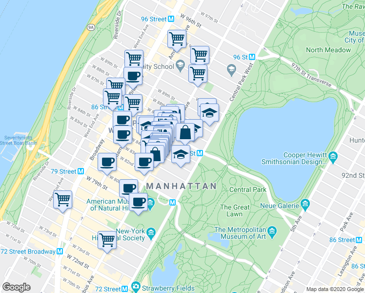 map of restaurants, bars, coffee shops, grocery stores, and more near 32 West 85th Street in New York