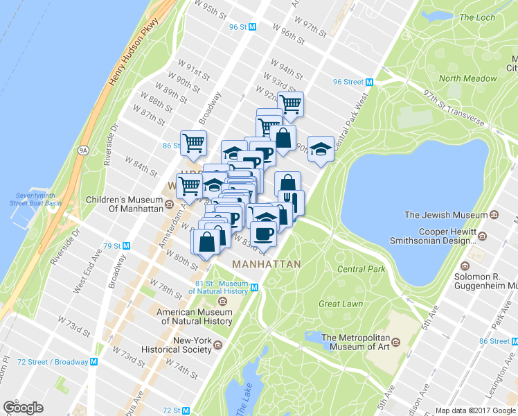 map of restaurants, bars, coffee shops, grocery stores, and more near 32 West 85th Street in New York