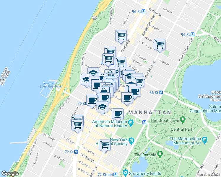 map of restaurants, bars, coffee shops, grocery stores, and more near 454 Amsterdam Avenue in New York