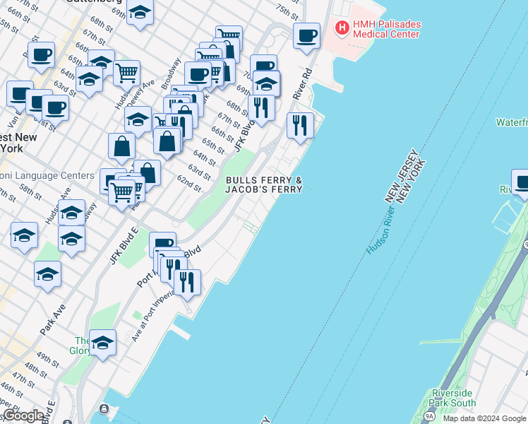 map of restaurants, bars, coffee shops, grocery stores, and more near 404 Newburgh Court in West New York