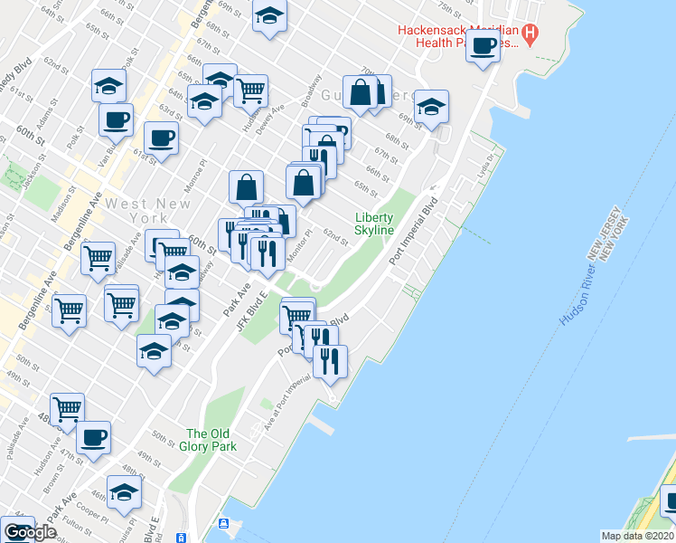 map of restaurants, bars, coffee shops, grocery stores, and more near 6050 JFK Boulevard East in West New York