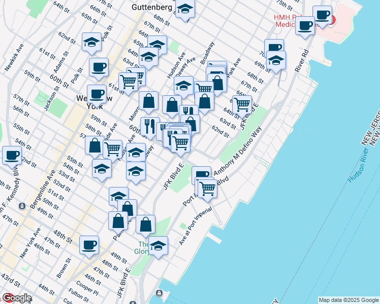 map of restaurants, bars, coffee shops, grocery stores, and more near 5915 JFK Boulevard East in West New York