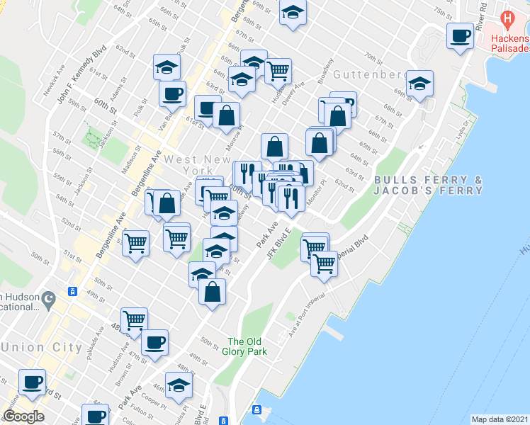 map of restaurants, bars, coffee shops, grocery stores, and more near 100 59th Street in West New York