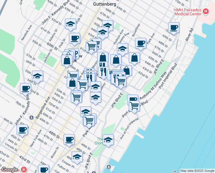 map of restaurants, bars, coffee shops, grocery stores, and more near 126 58th Street in West New York