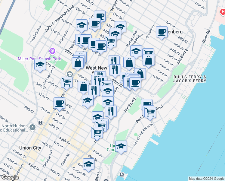 map of restaurants, bars, coffee shops, grocery stores, and more near 126 58th Street in West New York